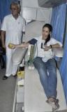 A young woman donating blood