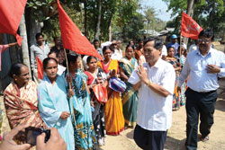 Left Front candidate Jitendra Choudhury at a poll campaign in Agartala