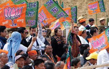 BJP supporters at a public rally addressed by Narendra Modi at Imphal